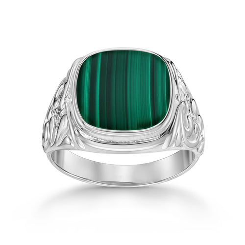 ART NOUVEAU SIEGELRING MALACHIT 585, 750 WEIßGOLD, 950 PLATIN